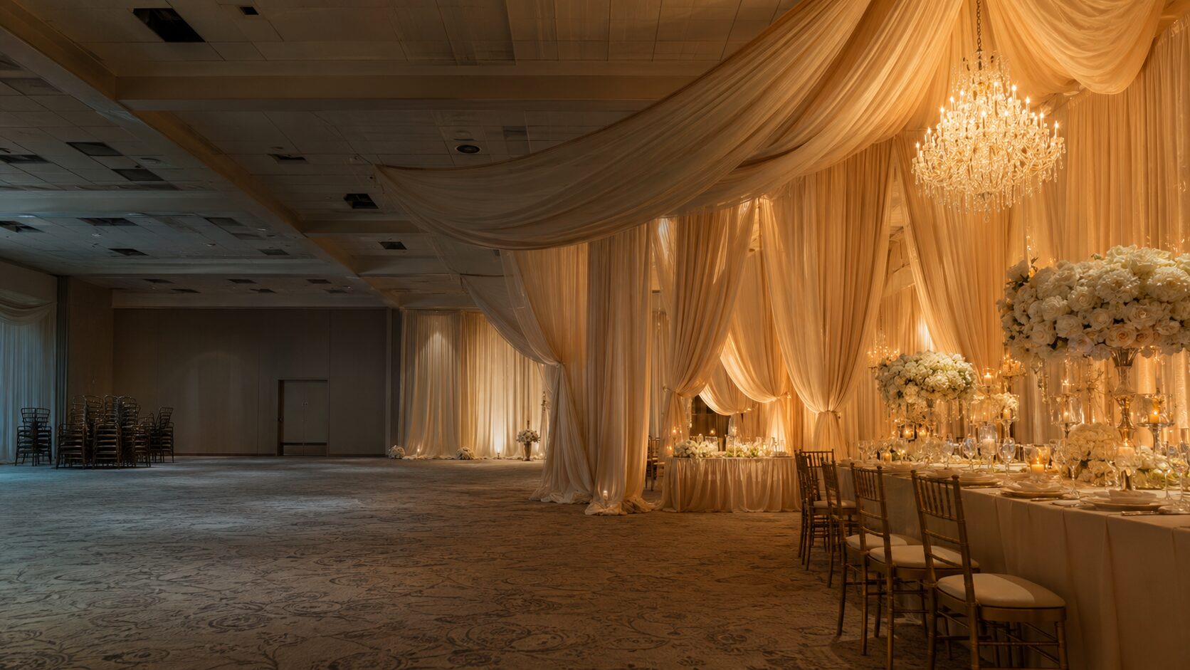 Banquet hall transformed with wall-to-wall draping